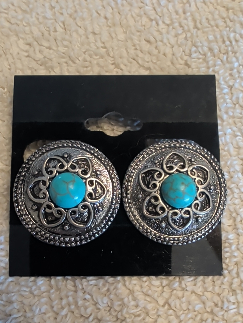 Turquoise Accent Silver-Tone Filigree Button Earrings